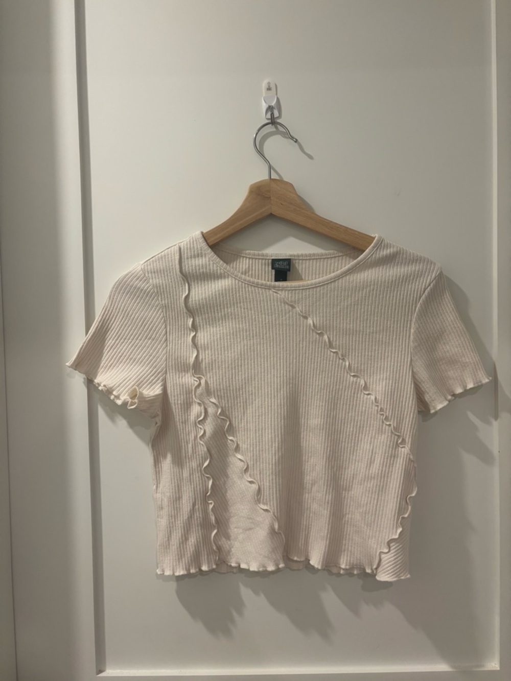 wild fable Cream Ribbed Ruffle-Trim Short Sleeve Tee